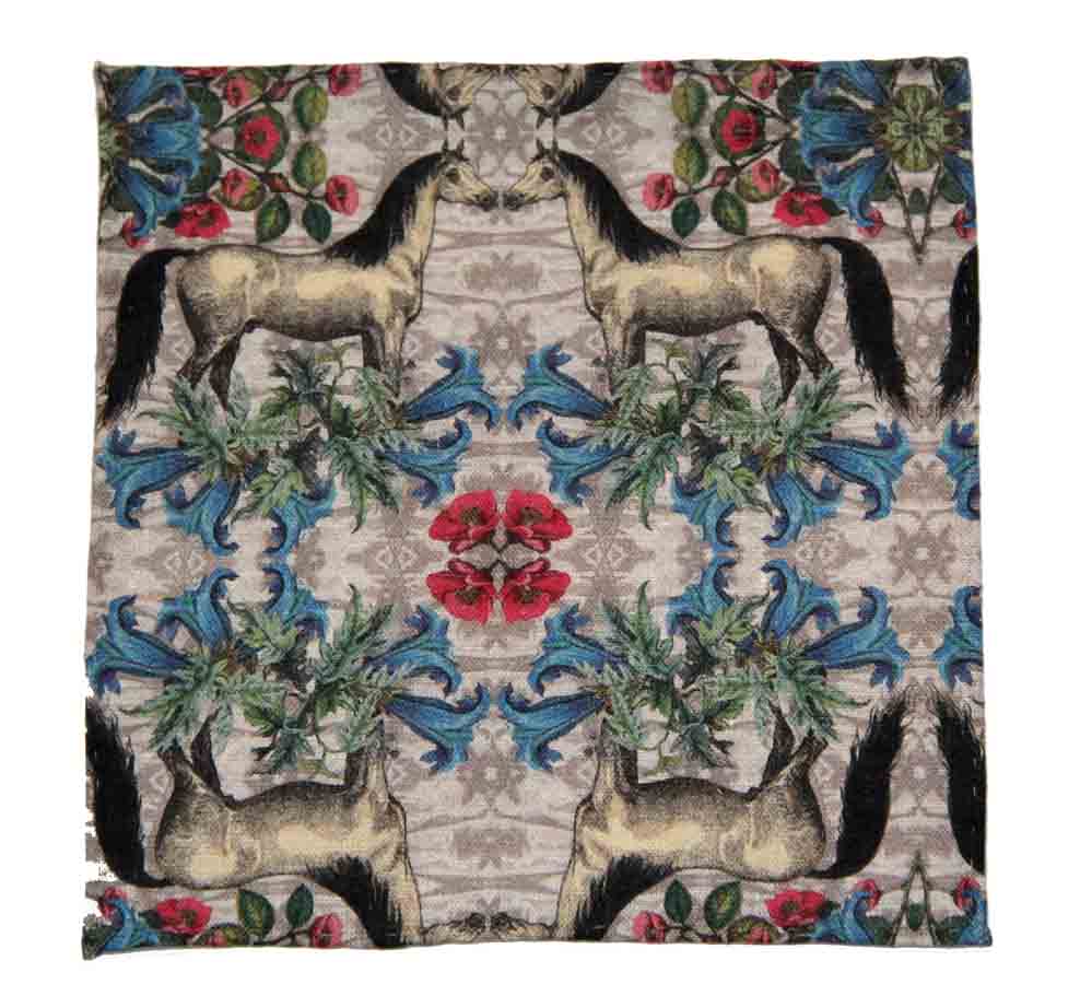 Hand Stitched European Linen Pocket Square Horses Floral Tan Red Brown Blue Men's