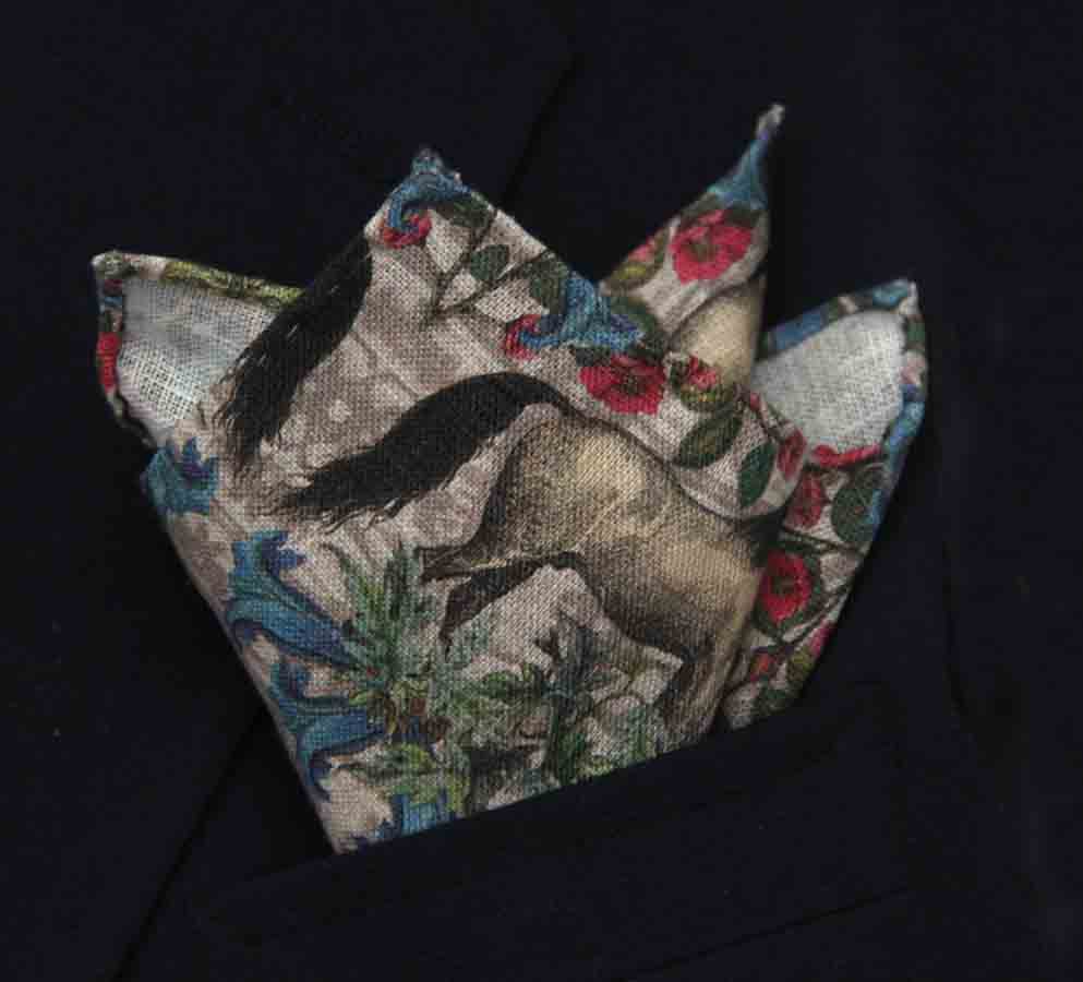 Hand Stitched European Linen Pocket Square Horses Floral Tan Red Brown Blue Men's Hand Stitched European Linen Pocket Square Horses Floral Tan Red Brown Blue Men's