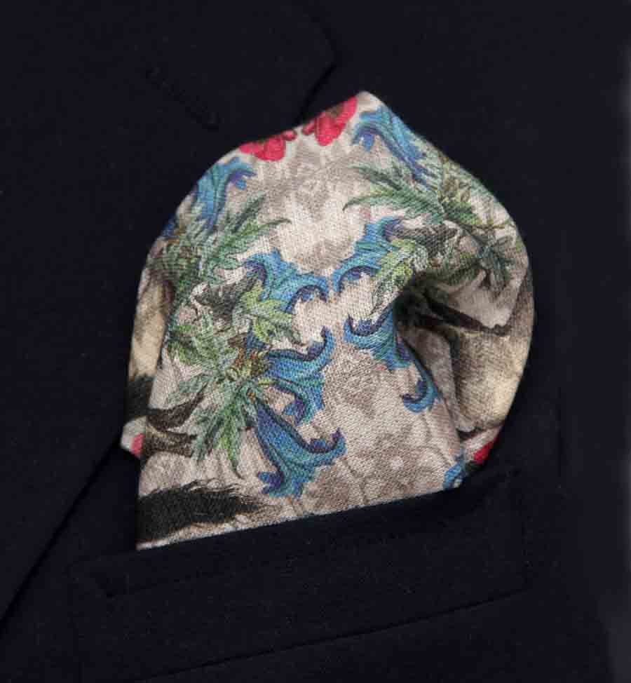 Hand Stitched European Linen Pocket Square Horses Floral Tan Red Brown Blue Men's Hand Stitched European Linen Pocket Square Horses Floral Tan Red Brown Blue Men's