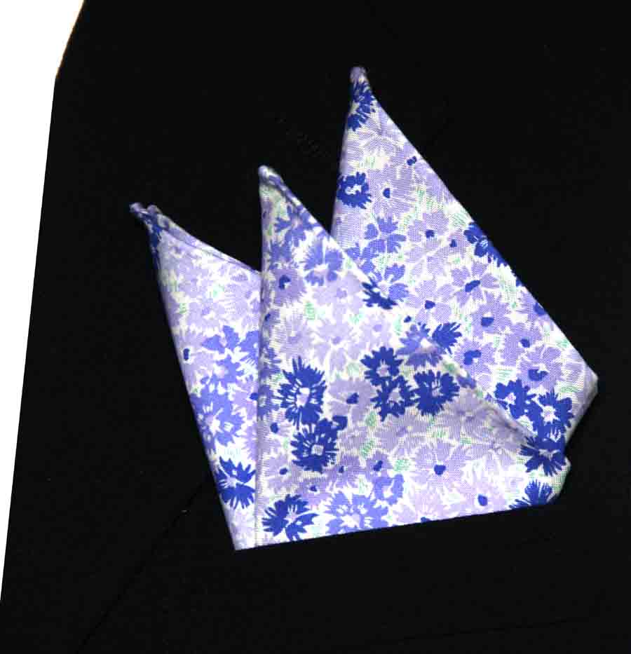 Hand Stitched Cotton Pocket Square Lavender Blue White Lilac Floral Men's
