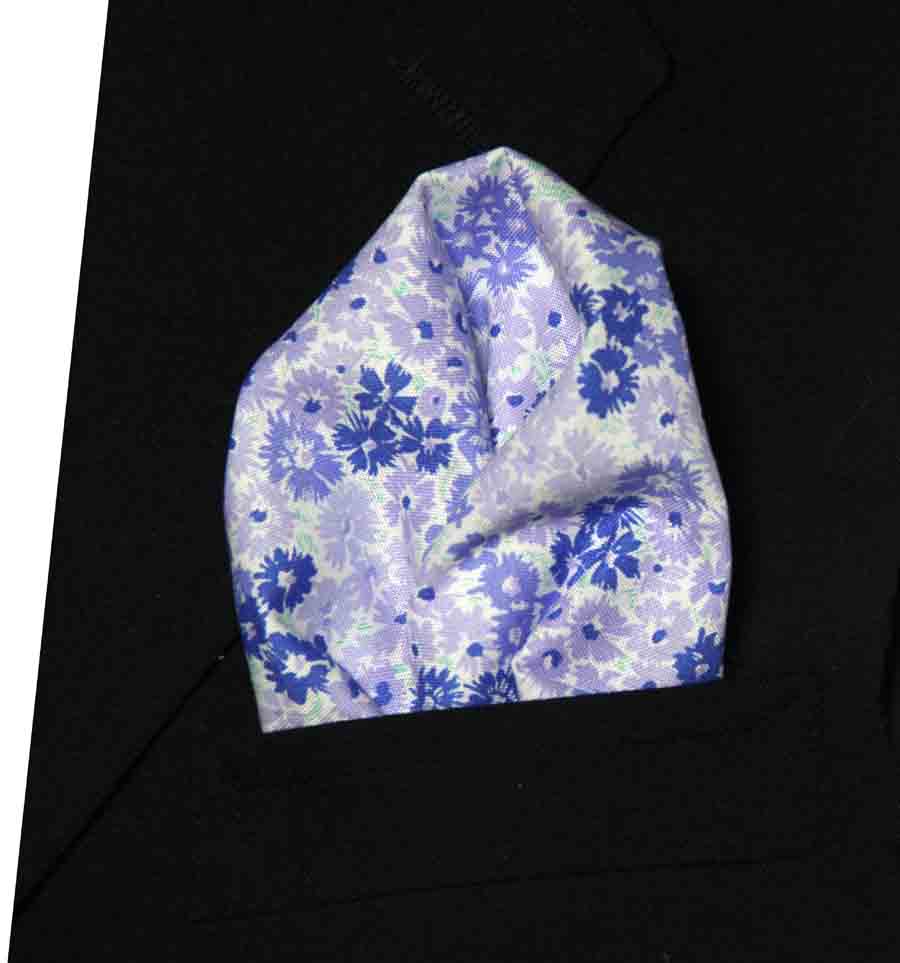 Hand Stitched Cotton Pocket Square Lavender Blue White Lilac Floral Men's