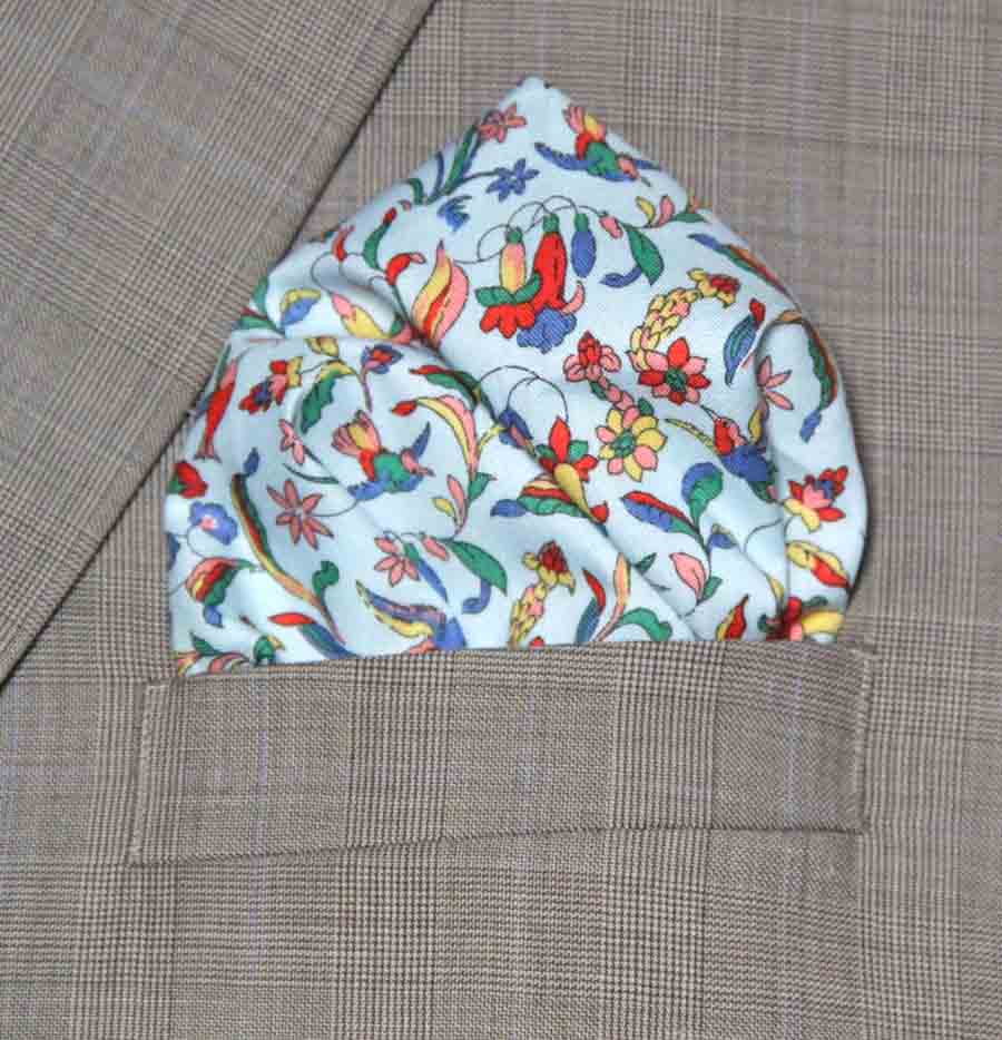 New Hand Stitched Cotton Pocket Square Liberty of London Flora & Fauna Fabric Birds Floral Men's