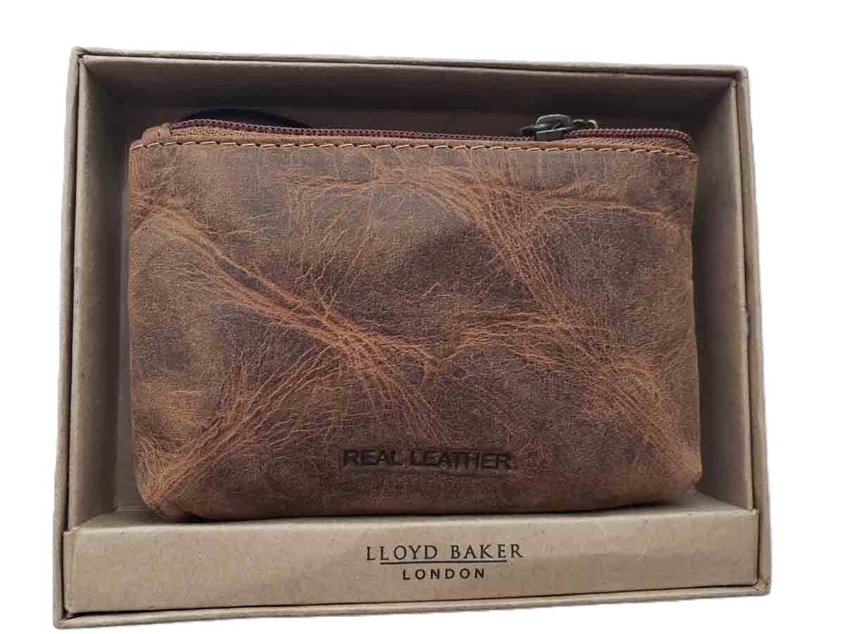 Lloyd Baker London Brown Leather Change Purse With Key Ring Zip Top Men's