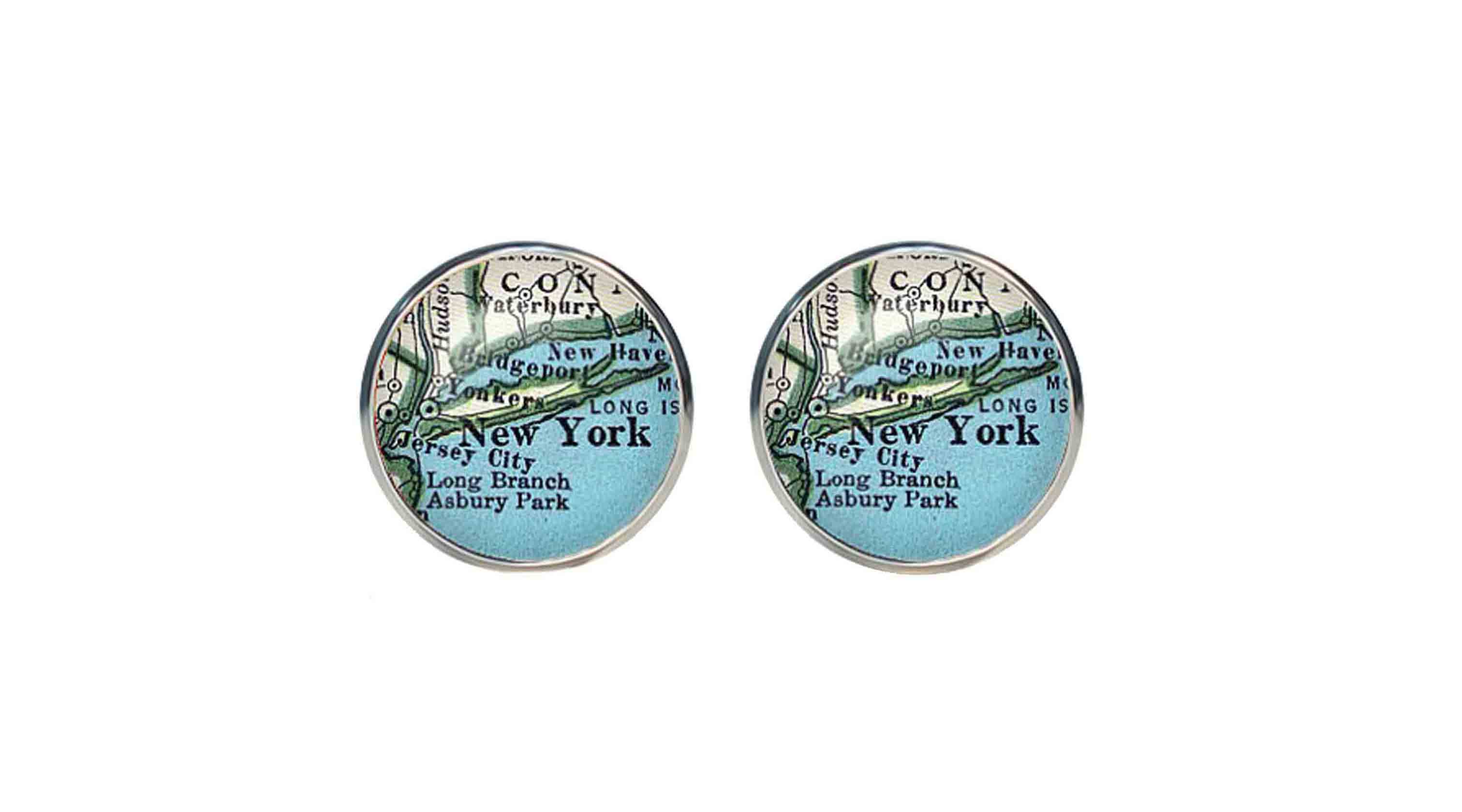 Old American New York City Map Cufflinks Silver Metal Alloy Men's
