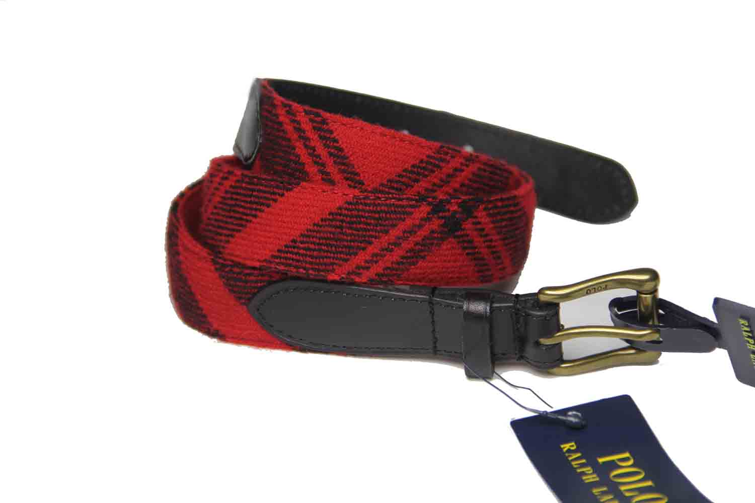 Polo by Ralph Lauren Belt Red Plaid Wool Blend and Leather Men's Size 32