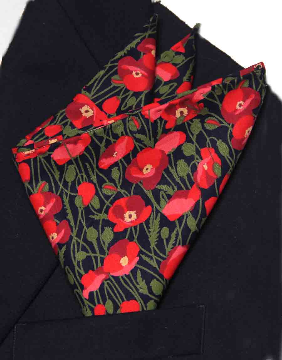 Gascoigne Hand Stitched Pocket Square Cotton Poplin Poppies on Navy Floral Men's
