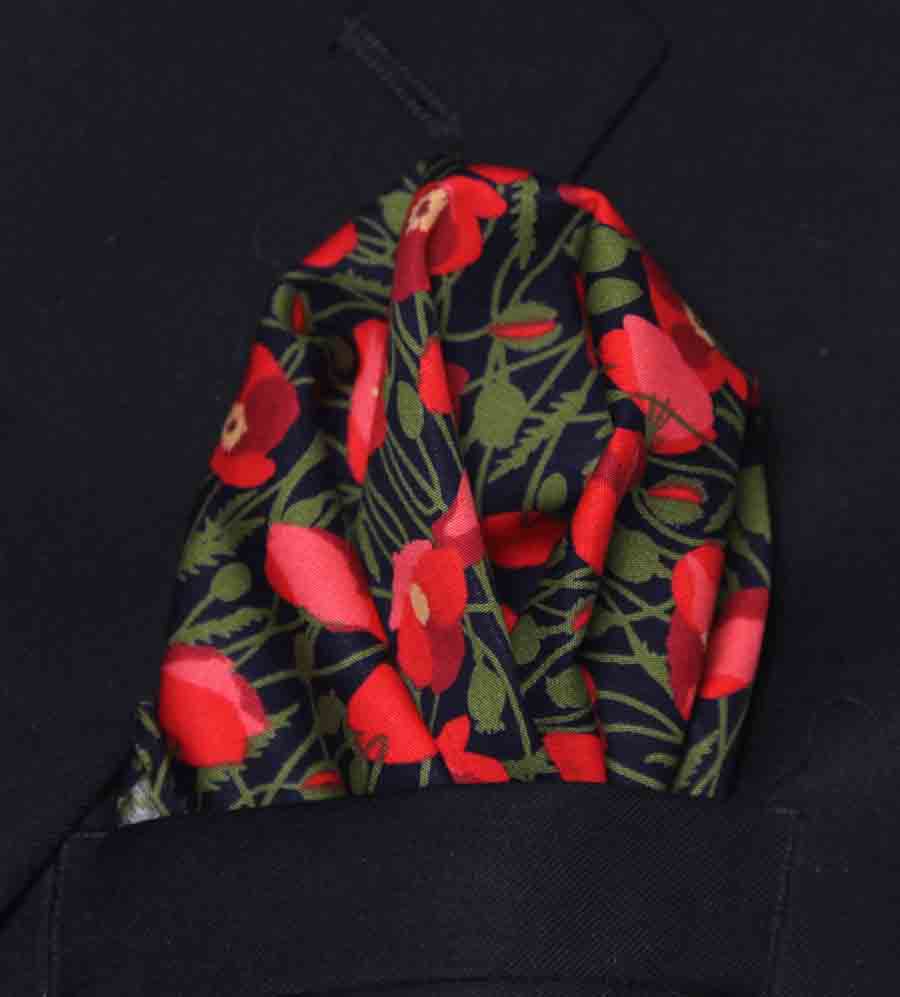 Gascoigne Hand Stitched Pocket Square Cotton Poplin Poppies on Navy Floral Men's