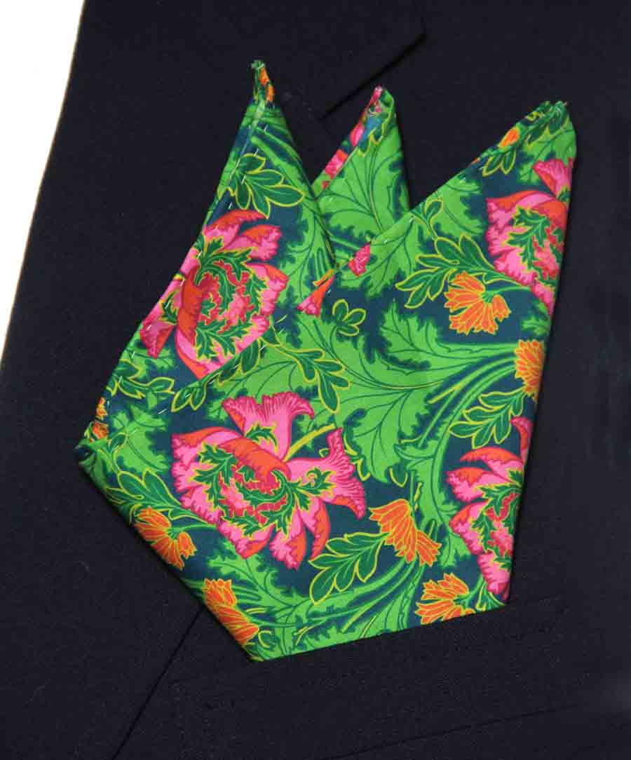 Hand Stitched Tana Lawn Italian Cotton Fabric Pocket Square Poppy Flair Floral Men's Hand Stitched Tana Lawn Italian Cotton Fabric Pocket Square Poppy Flair Floral Men's