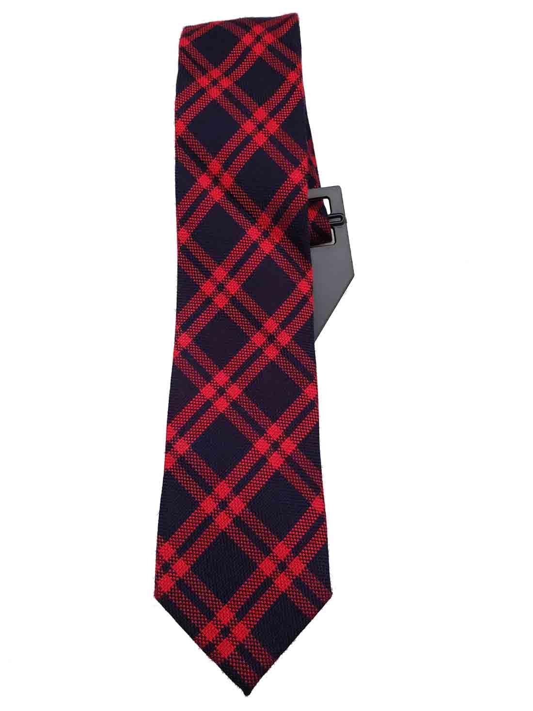 Narrow Red Navy Blue Plaid Tie Cotton Blend Men's Long Cedar Wood State