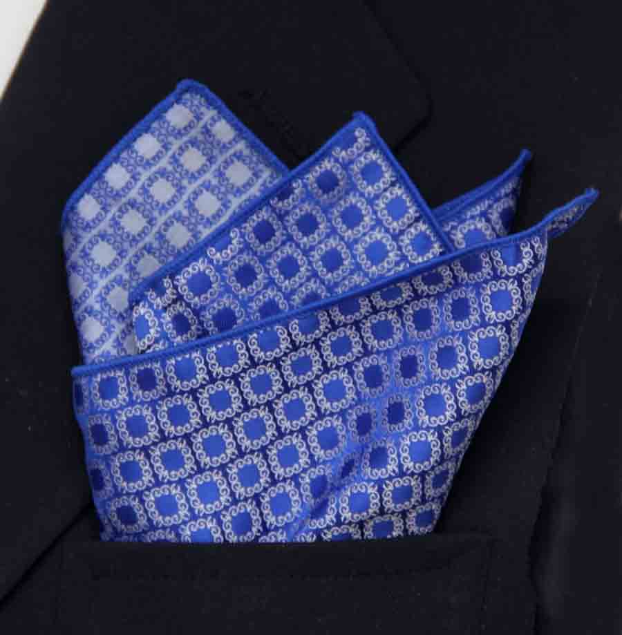 SW for Gascoigne Silk Jacquard Pocket Square Blue White Fancy Geometric Men's