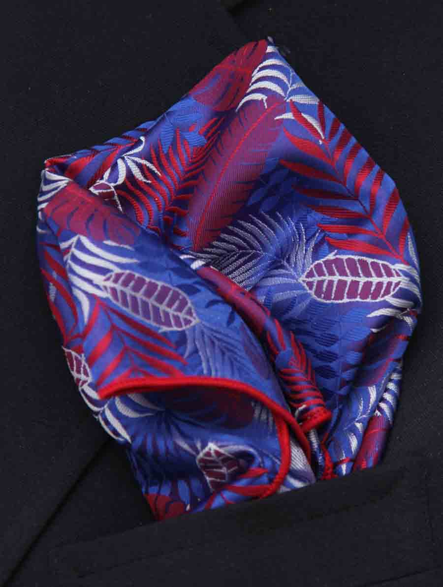 SW for Gascoigne Silk Jacquard Pocket Square Red Blue White Gray Palm Fronds Pattern Men's