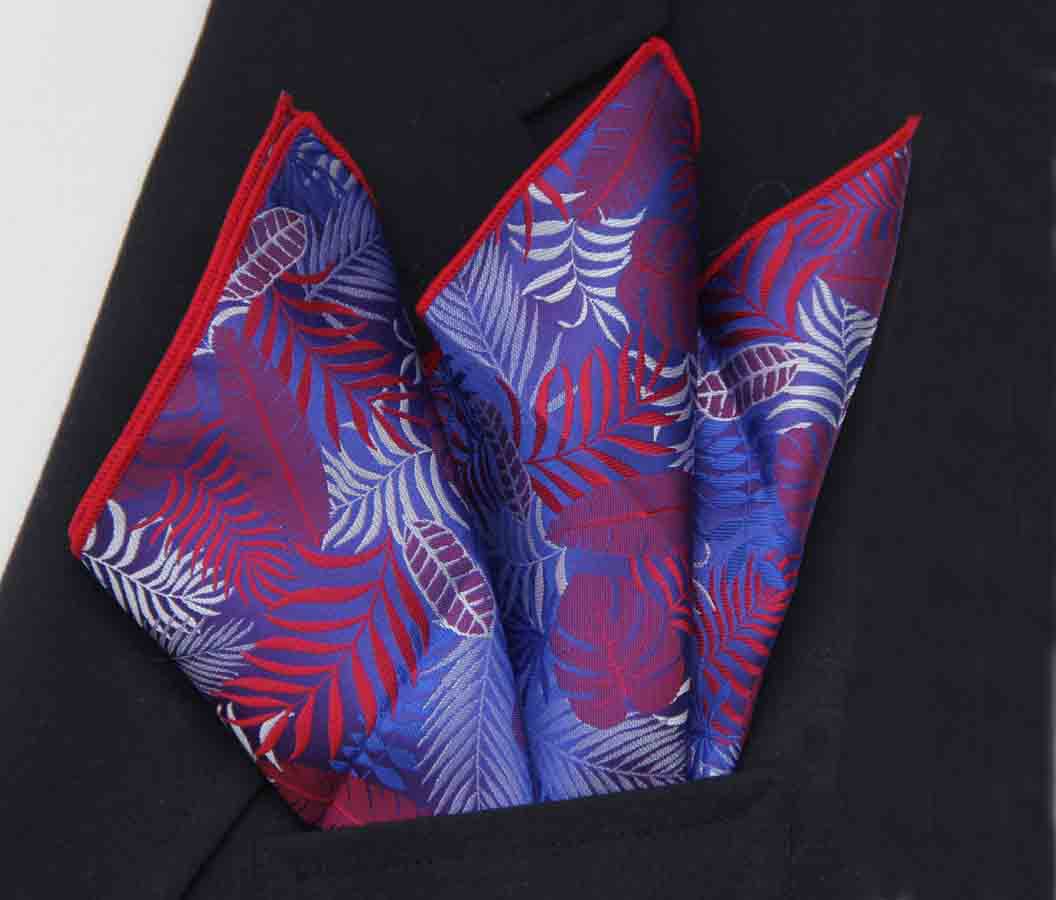 SW for Gascoigne Silk Jacquard Pocket Square Red Blue White Gray Palm Fronds Pattern Men's