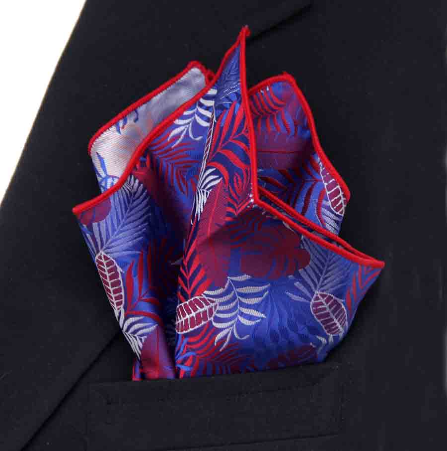 SW for Gascoigne Silk Jacquard Pocket Square Red Blue White Gray Palm Fronds Pattern Men's