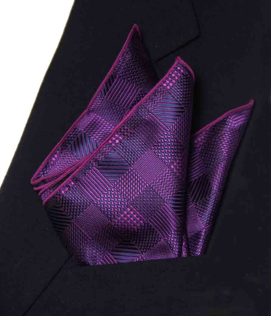 SW for Gascoigne Silk Jacquard Pocket Square Purple Gray Checks Men's