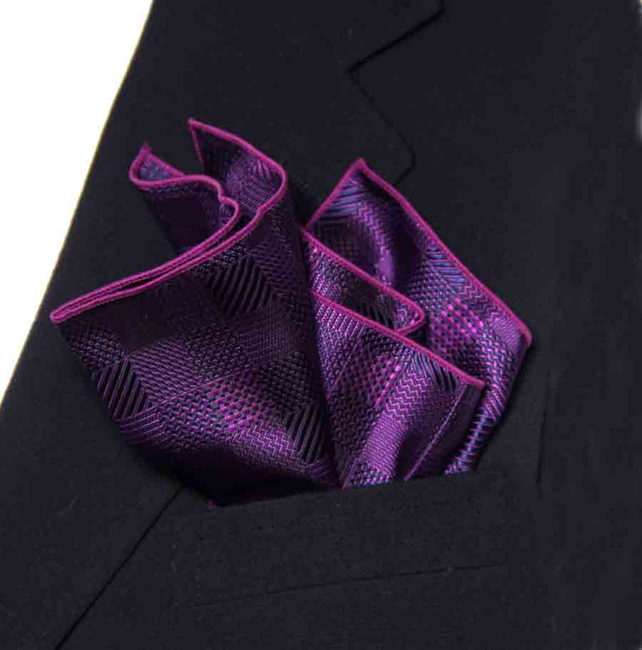 SW for Gascoigne Silk Jacquard Pocket Square Purple Gray Checks Men's