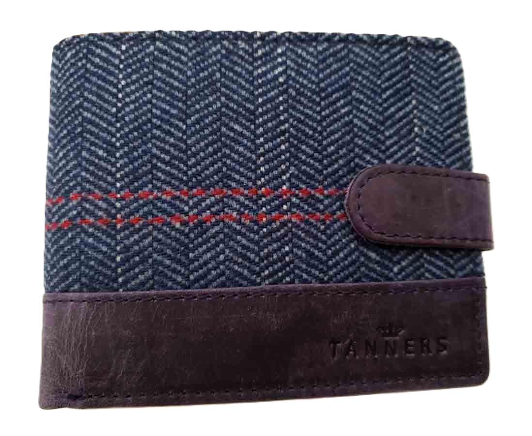 Tanners England Bifold Wallet Hunter Leather and Herringbone Wool Tweed Blue Brown Men's