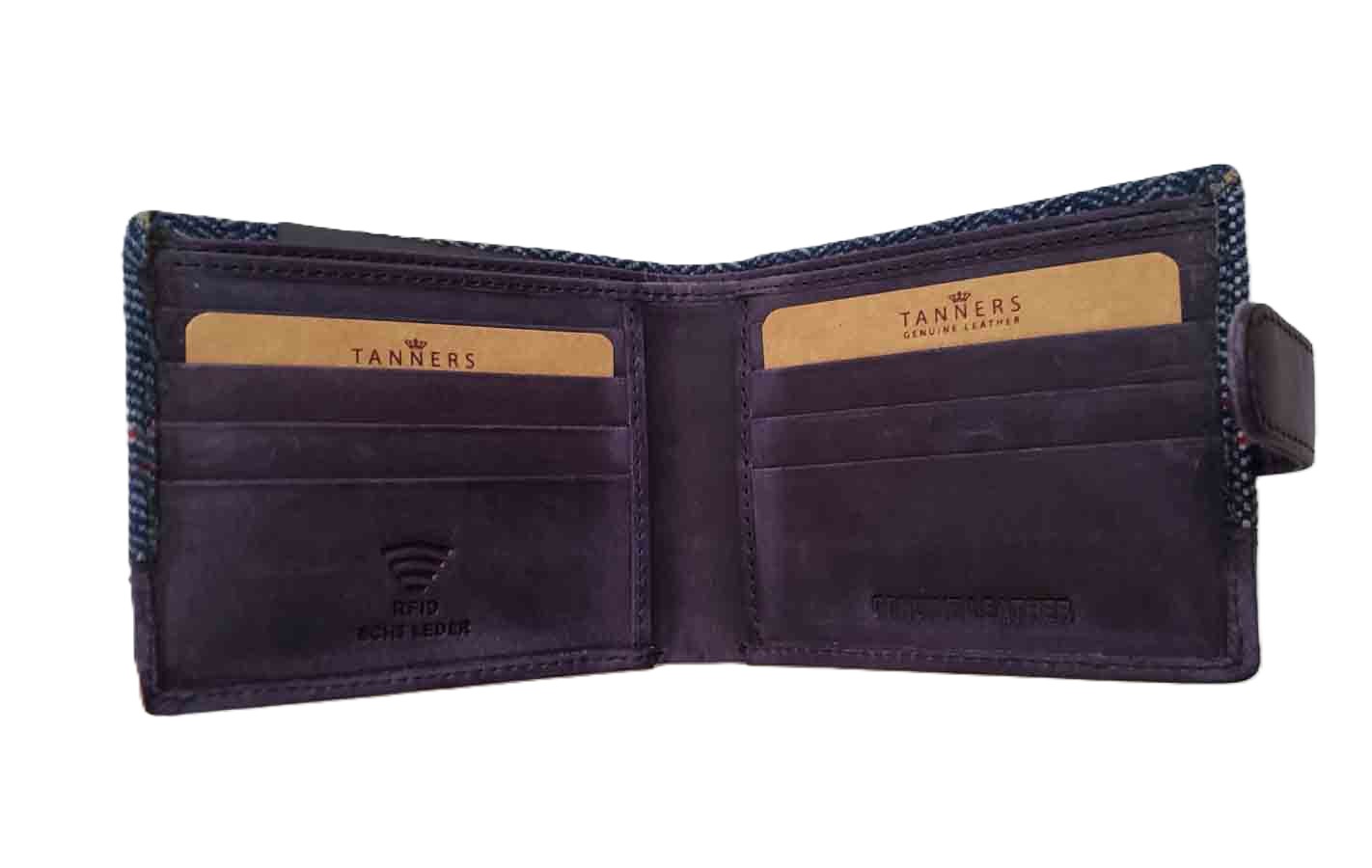 Tanners England Bifold Wallet Hunter Leather and Herringbone Wool Tweed Blue Brown Men's