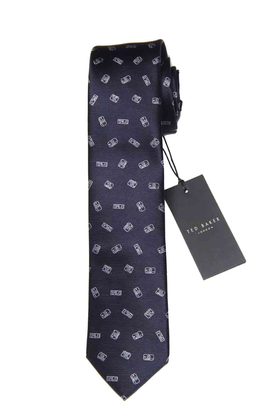 Ted Baker London Silk Tie Navy Blue Light Gray Cameras Pattern Men's